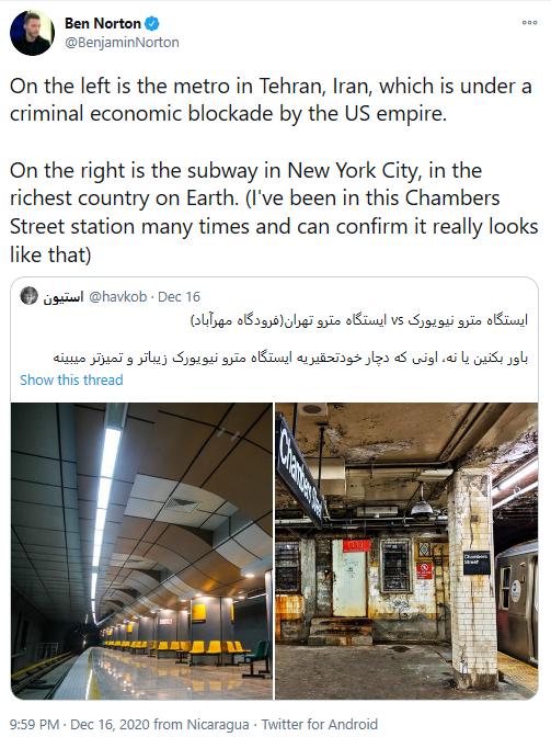 واکنش جالب خبرنگار آمریکایی به دو عکس از ایستگاه مترو در تهران و نیویورک!