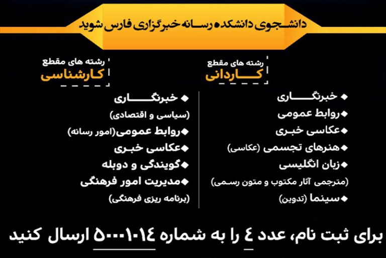 دانشکده رسانه فارس در مقاطع کاردانی و کارشناسی بدون کنکور دانشجو می‌پذیرد